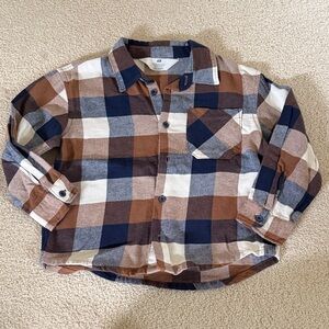 H&M Plaid Flannel Button-Down Shirt in Brown, Navy & Cream